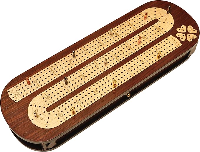 PALM ROYAL HANDICRAFTS 4 Track Wooden Cribbage Board Set Inlaid in Rose Wood and Maple Wood with pegs and Cards. Storage Available. 4 Player Cribbage Board (15 x 5 Inches)