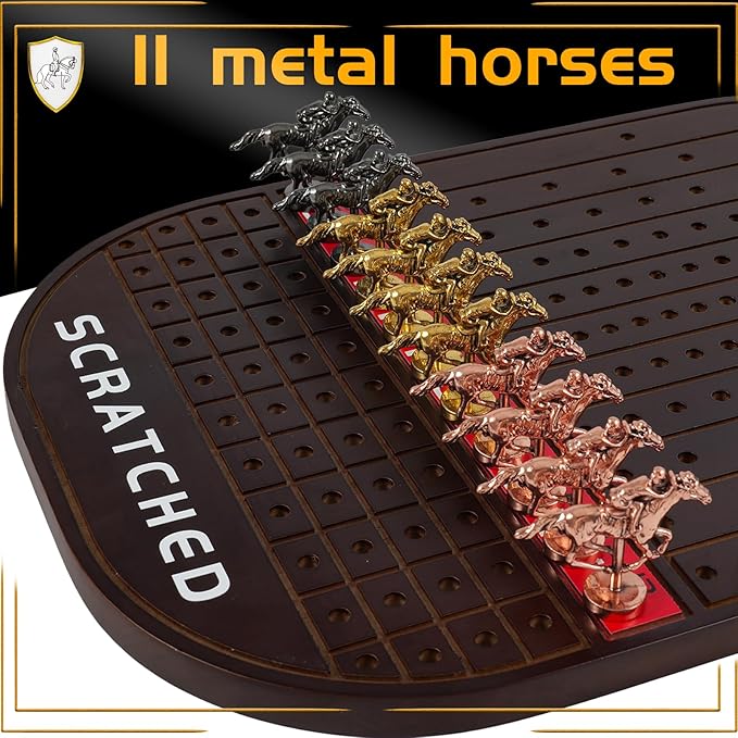 Horse Race Board Game Racing Game Thickened Solid Wood with 11 Luxurious Durable Classic Metal Horses with 4 Dice and 2 Boxes of Cards Horse Racing Game(Small Circular,Walnut) (Walnut)…
