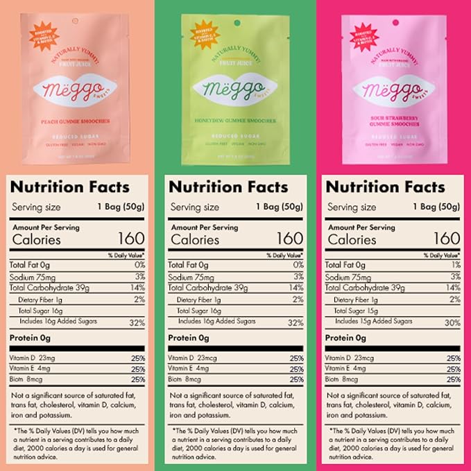 Meggo Sweets Gummie Smoochies Variety Pack | Peach, Honeydew, Sour Strawberry | Natural Fruit Pectin Candy | Vitamin C, E, Biotin | No Cane Sugar | Organic Juice Concentrate | Sweet and Sour Mix | Gluten Free, Vegan, Non-GMO