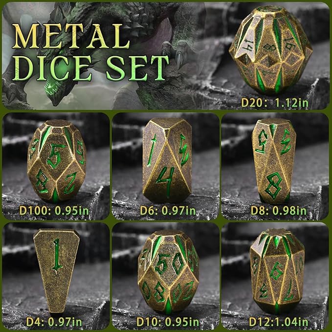 DND Metal Dice Set, ZHOORQI 7 Pcs Polyhedral Dice, Perfect for Dungeons and Dragons, RPG Role Playing Games - Unique Cool Dice with Stonehenge Themed Design for Game Gifts(Bronze Green)