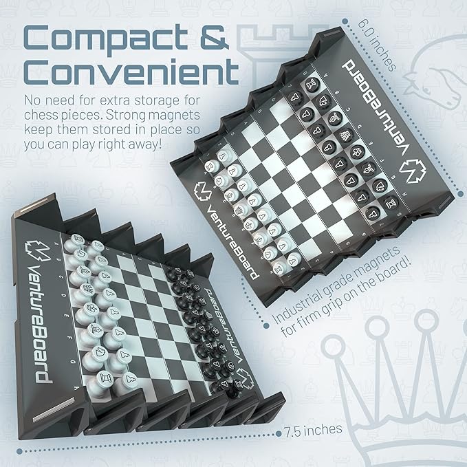 6 Inches Magnetic Unique Chess Set Board Game - 2 Extra Queens - Folding Board, Portable Travel Chess Board Game Pieces - Black/Grey