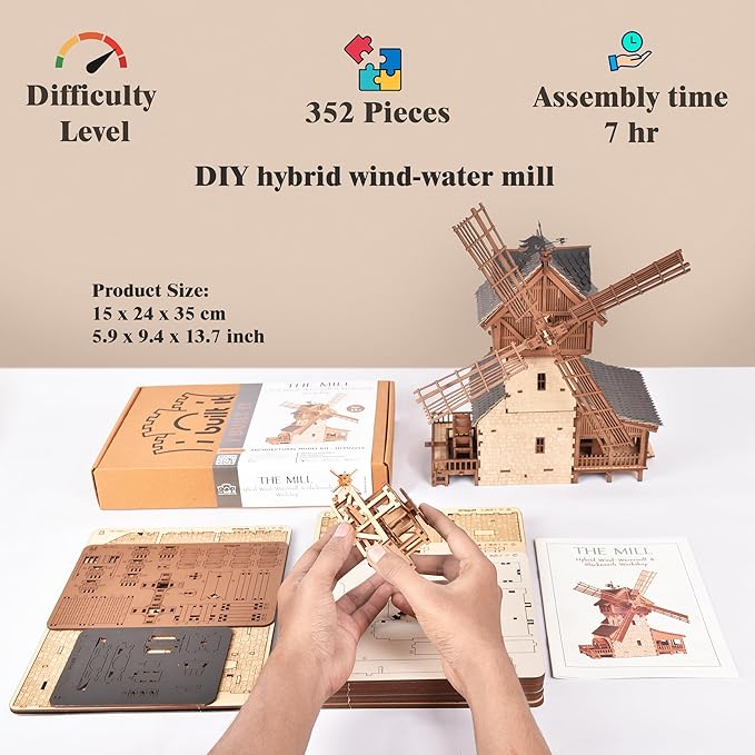 I BUILT IT Wooden Mill-Hybrid Medieval Windmill, Watermill, Blacksmith Workshop -3D Wooden Puzzles for Adults to Build - Engineering DIY Mechanical Model Kit,352PCS,Assembly Time 8H, Realistic