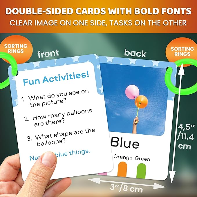 QUOKKA 225 Flash Cards for Toddlers 1-3 – Alphabet & First Words Flashcards with Rings – Toddler Educational Toys for Learning – Fun Big Size Letter Flashcards for Toddlers 3-5 Years