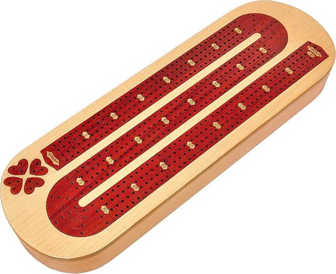 PALM ROYAL HANDICRAFTS 4 Track Wooden Cribbage Board Set Inlaid in Blood Wood and Maple Wood with pegs and Cards Storage Available. 4 Player Cribbage Board Game (15 x 5 Inches)