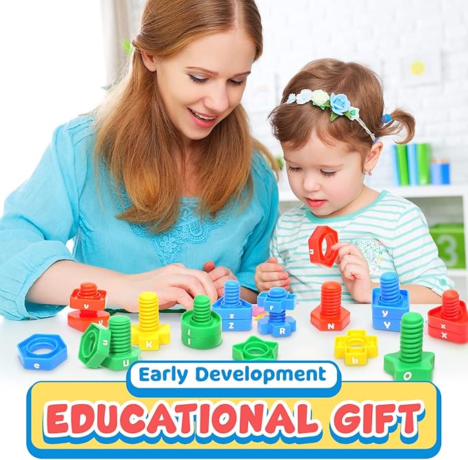 Letters Learning Matching Game | Fine Motor Skills Toy Set for Toddlers | 26 Alphabet Learning Toys with 52 pcs Nuts and Bolts Sorting & Stacking Toys, ABC learning Educational Montessori Toy for Kids