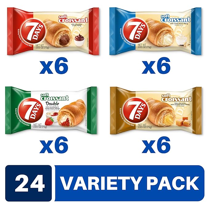 7Days Soft Croissant Variety Pack (24 Count), 6 Chocolate, 6 Vanilla, 6 Strawberry Vanilla, 6 Caramel, Breakfast Pastry, Individually Wrapped On The Go Snack (Pack of 24)