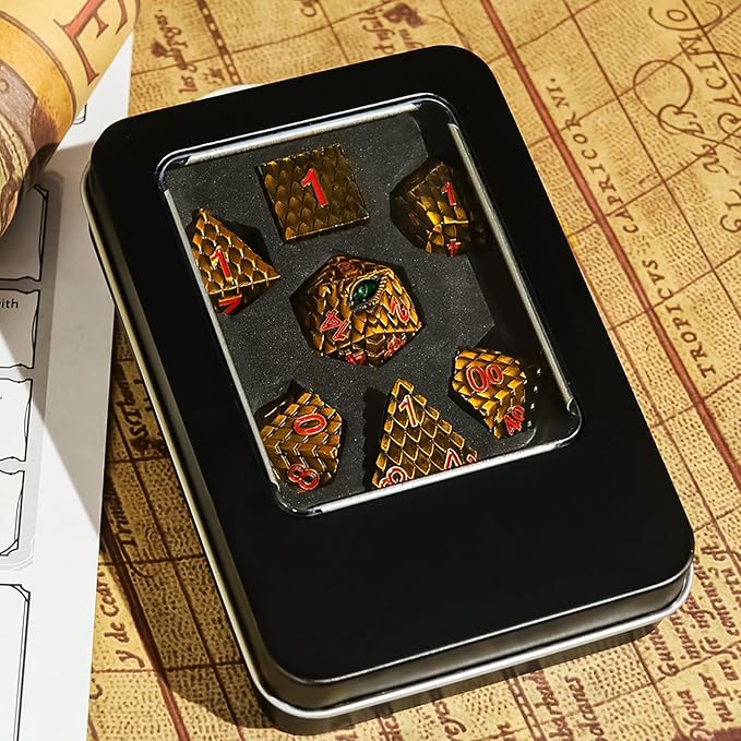 Metal Dice Set D&D,7 PCS Dragon Scale Metallic DND Dice Set,Dragon Eye Metal Dice with Gift Metal Box for Dungeons and Dragon Tabletop Game (Yellow Dragon Scale & Green Eye)