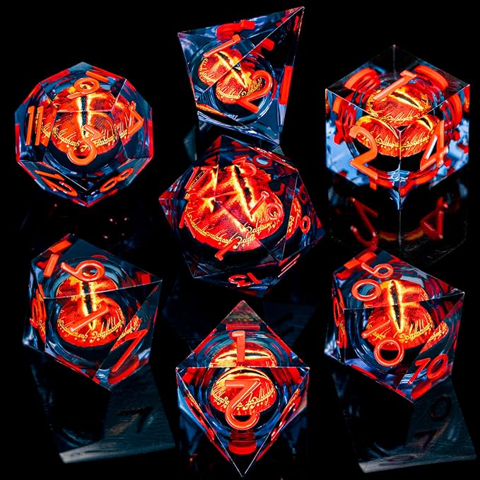 ARUOHHA DND Resin Dice Gazes Eye Dice Liquid Core Flaming RPG Sharp Edged Dice Set with Gift Box, Polyhedral D and D Dice Set Compatible with Dungeons Dragons Role Playing Game D20 D12 D10 D8 D6