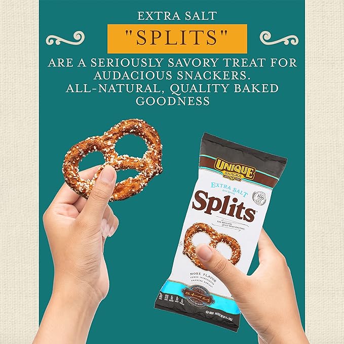 Unique Snacks Extra Salt Splits Pretzels, Original Split-Open Pretzels, Delicious Homestyle Baked Snack Bag, OU Kosher, and Non-GMO Food, No Artificial Flavor, 11 Oz. Bag, Pack of 6