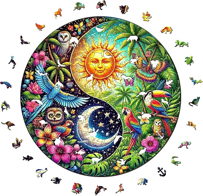 Wooden Puzzle for Adults โ Tropiacl Yin-Yang Shaped Jigsaw, Unique Brain Teaser for Kid & Teen, 220 Pieces, 10"x10", Ships as Whole Puzzle Board (No Loose Pieces), Gift-Ready Box, Fun Family Game