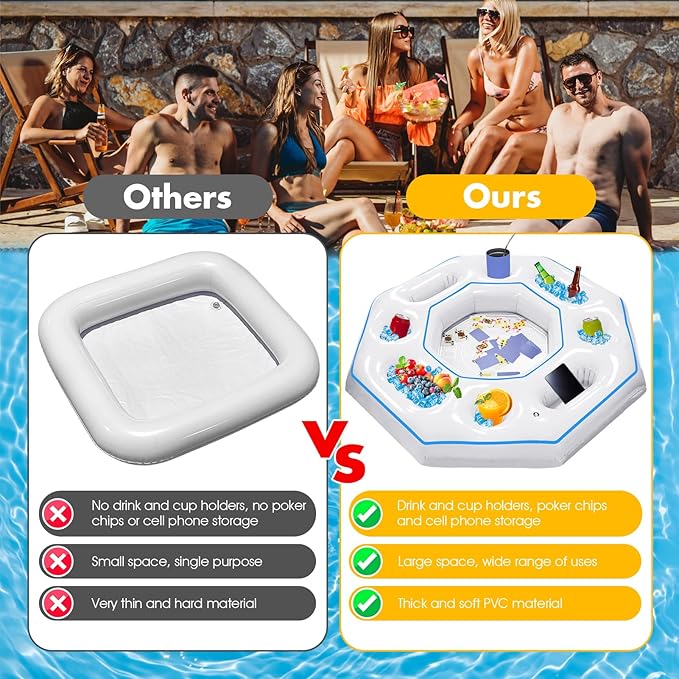 Octagonal Inflatable Game Table with Waterproof Playing Cards, Inflatable Pool Bar Games for Adults, Floating Portable Bar Table Tray for Hot Tub or Pool Beach Party
