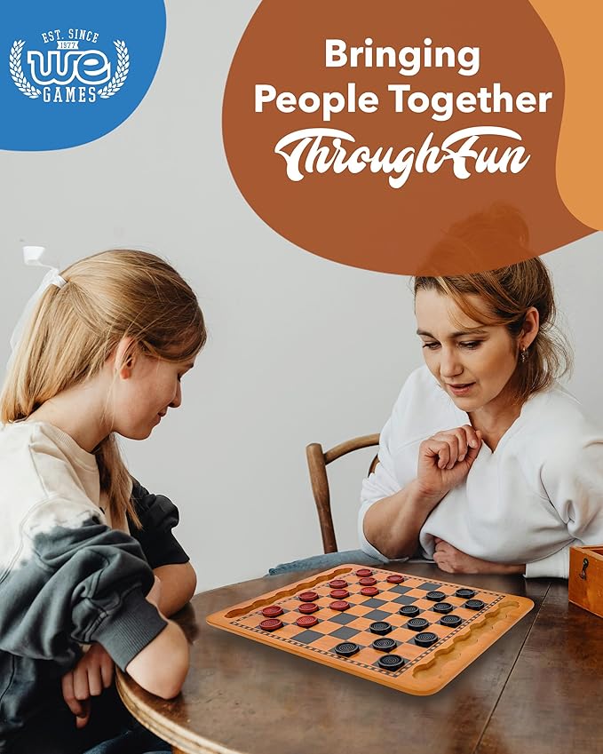 WE Games Solid Wood Checkers Board Game – 14.5-Inch Vintage Checkers Set with Inset Grooves & 24 Red & Black Board Game Pieces – Fun Family Table Game