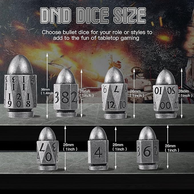 Dice Set PCCECQEE Bullet Dice,Metal D&D Dice for Dungeons and Dragons,7Piece for Role Playing Game (Antique Sliver)