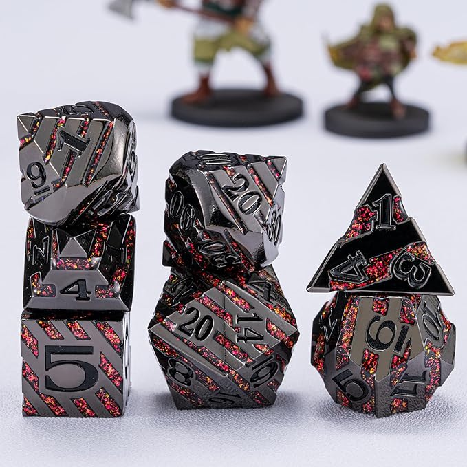 Metal Dice Set DND,Metallic Glitter Stripes D&D Dice Set,7 PCS Polyhedral Dice Set with Gift Case for Dungeons and Dragons Tabletop Game(Black Nickel Red)