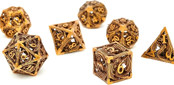 Metal DND Dragon Dice Set Dungeons and Dragons for Role Playing Games (RPG) MTG Pathfinder Tabletop Games(Ancient Gold)