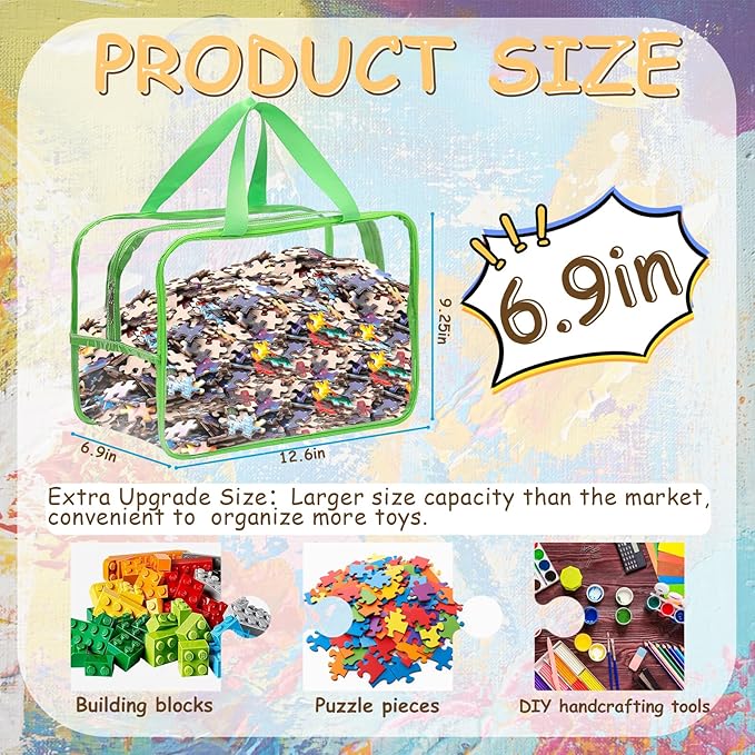 6 Packs Extra Large Toy Storage Bags, 12.6 * 9.25 * 6.9 IN Clear Colorful Waterproof Toy Organizer Bags with Labels, Dual Zippers and Portable Handheld Design, Board Game Storage for Building Blocks