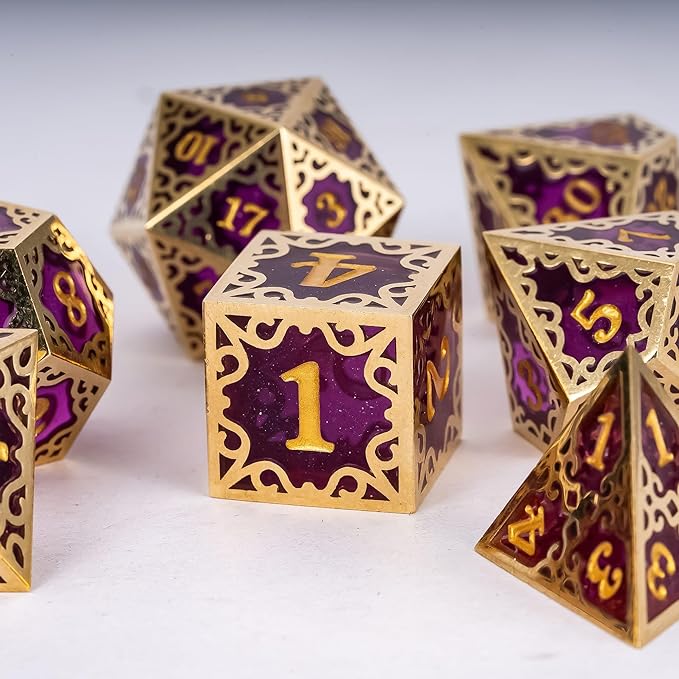 Cusdie 7-Piece Metal Frame Sharp Edges DND Dice Set with Metal Frame- Perfect for Tabletop RPGs Board Games Gifting and Collecting(Purple)