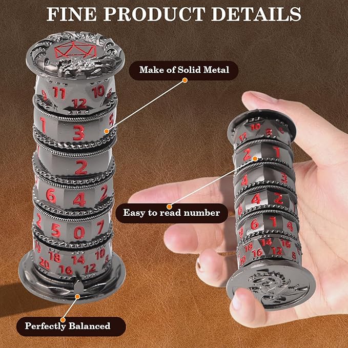 Pagoda Dice Spinner, 7 in 1 Metal Unique Roulette Dice for Sci-Fi, War, Crime Theme Tabletop Games