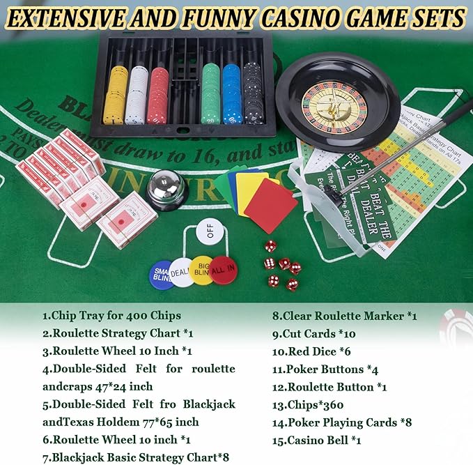 5 in 1 Premium Casino Game Set: Blackjack/Roulette/Craps/Texas Holdem/Poker Game Kit with 360 Chip+8 Deck Card+Roulette Wheel+2 Two-Sided Felt+6 Dice+Stratedgy Card,Texas Holdem Poker Blackjack Set