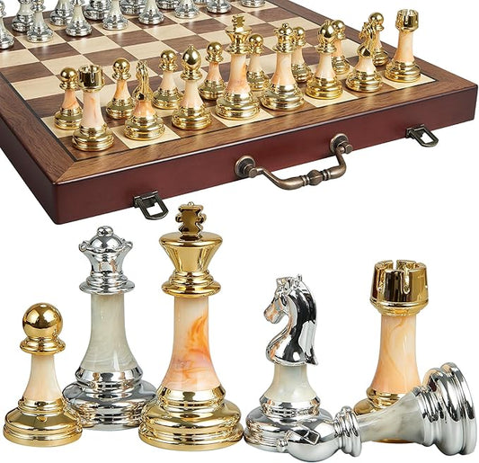 16.5" Large Wooden Chess Set with Weighted Acrylic Chess Pieces,Folding Chess Board Games with Handle 3.5" King Portable Classic Game for Adults and Kids