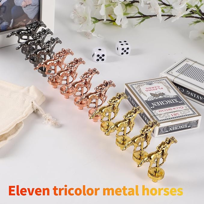 Horse Race Board Game Finish Line Racing Game with 11 Luxurious Metal Horses with 4 Dice and 2 Boxes of Cards Solid Wood Horse Racing Game Board Color Box Packaging (Small, Fire Burning Color)