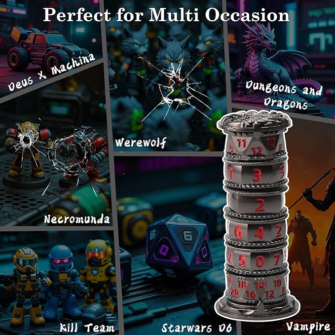 Pagoda Dice Spinner, 7 in 1 Metal Unique Roulette Dice for Sci-Fi, War, Crime Theme Tabletop Games