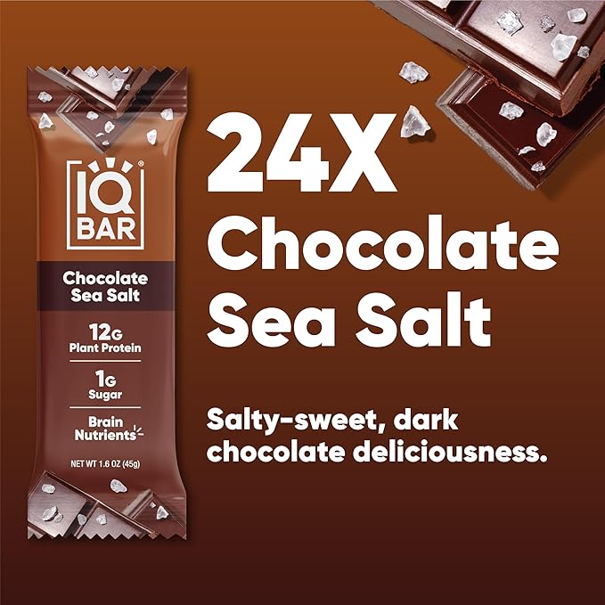 IQBAR Brain and Body Plant Protein Bars - Chocolate Sea Salt - 24-Count Low Carb - Gluten Free, High Fiber, Vegan Snacks - Low Sugar Meal Replacement