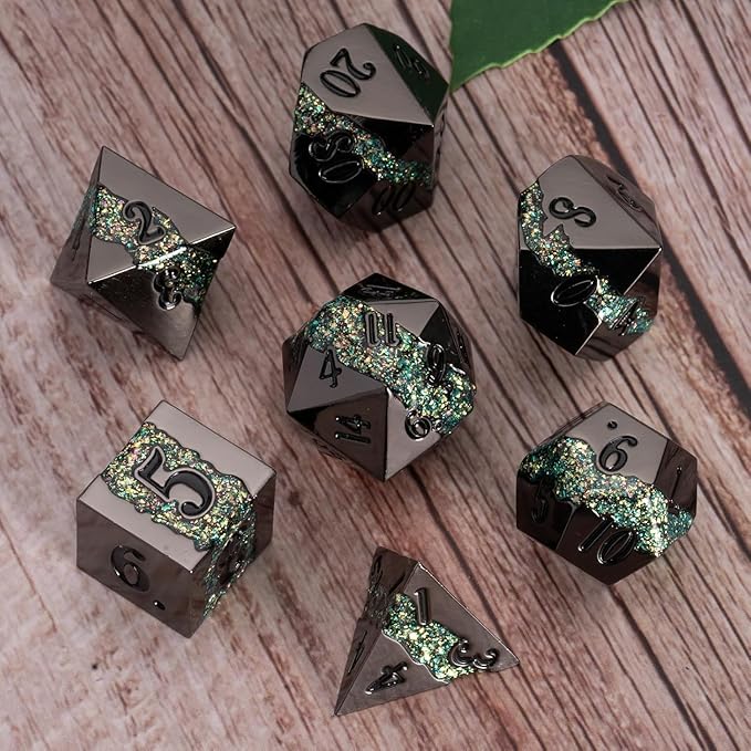 Black Glitter Metal Dice Set,Polyhedral Stripe DND Dice Set with Gift Box,RPG Solid Dungeons and Dragons Set 7pcs