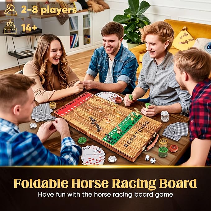 Horse Racing Game, Foldable Solid Wood Horse Games, Horse Race Board Game with 11 Metal Race Horses, Two Dice and Two Boxes of Cards, 2 in 1 Folding Horse Game Board (Folding Version)