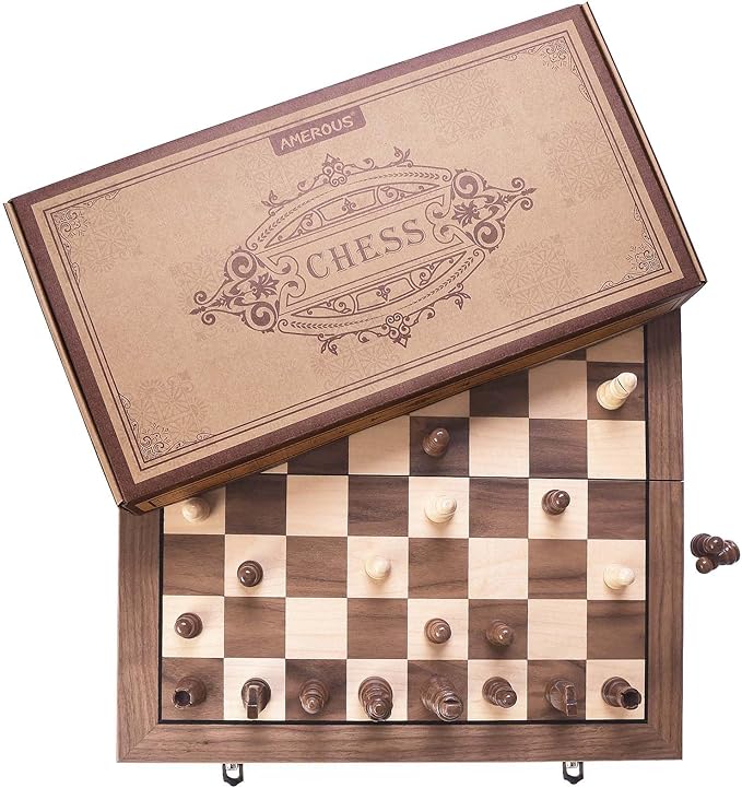 AMEROUS 15 Inches Magnetic Wooden Chess Set with 2 Extra Queens/Folding Board/Chess Pieces Storage Slots/Instructions, Portable Travel Chess Game for Beginner/Classic Board Game