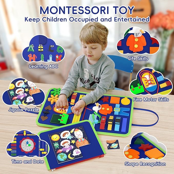 Freebear Busy Board Toddler Travel Toys Sensory Toys for Toddlers 1 2 3 4, Montessori Learning Toys for Toddlers Activities Board, Educational Toys for 3 4 Year Old Boys Girls Gift, Dinosaur