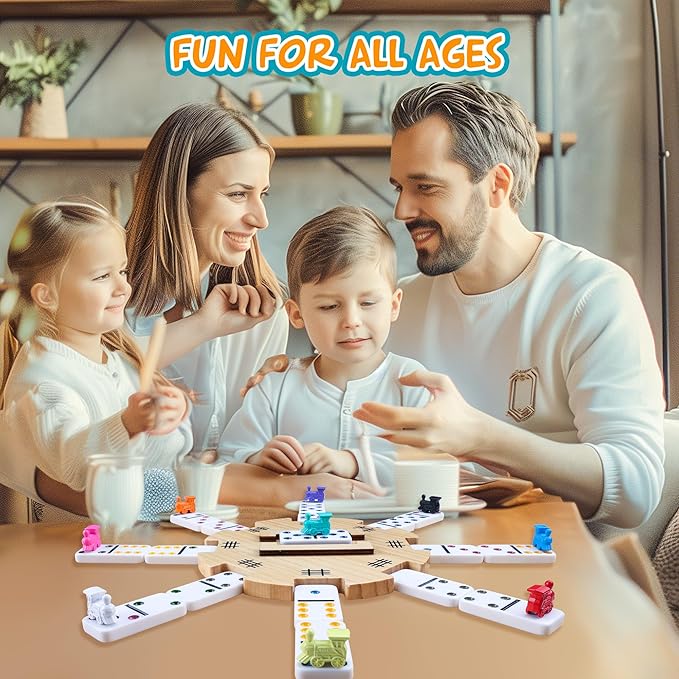 Mexican Train Dominoes Accessories Set - 1 Pine Wooden Mexican Train Hub with Felted Bottom, 9 Colorful Metal Mexican Train Markers, 2 * 50-Sheet Mexican Train Score Pads