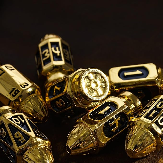 UDIXI Metal DND Dice Set with Unique Container, 7-Die Bullet RPG Dice Set for D&D, Role Playing Game or Other Tabletop Games(Golden Black)