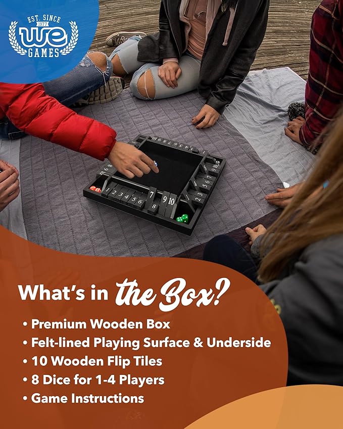 WE Games Wooden Shut The Box Game 4 Player - 10 Number Tiles & 8 Dice - Large 14-Inch, Black Stained Wood Finish