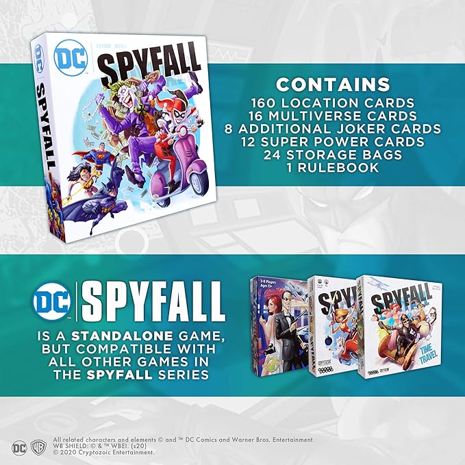 DC Spyfall - The Perfect Party Game - Find The Joker Before Time Runs Out - for 3 to 8 Players - Board Games for Teens and Adults - Featuring Batman, Superman, Wonder Woman, and More - Ages 13+