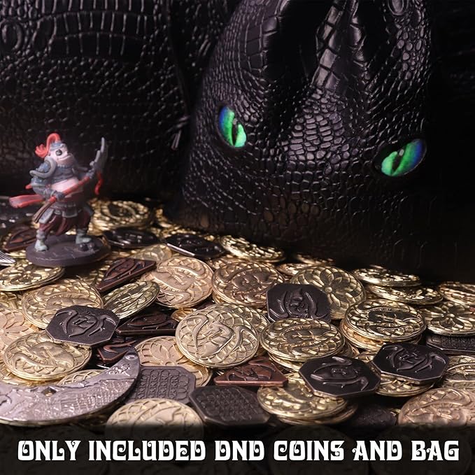 145PCS Metal DND Coins & Leather Bag, Contains 60 Gold Coins, 40 Sliver Coins, 40 Copper Coins and 5 Platinum Coins, Tokens with Glow in The Night Eyes Bag for RPG Tablelap Games