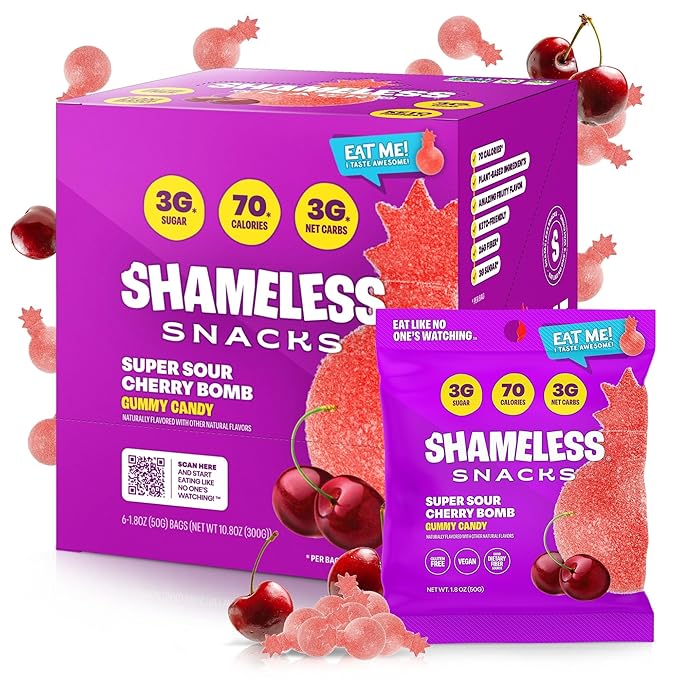 Shameless Snacks - Healthy Low Calorie Snacks, Low Carb Keto Gummies (Gluten Free Candy) - 6 Pack Sour Cherry Bomb