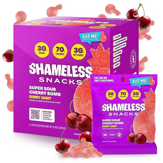 Shameless Snacks - Healthy Low Calorie Snacks, Low Carb Keto Gummies (Gluten Free Candy) - 6 Pack Sour Cherry Bomb