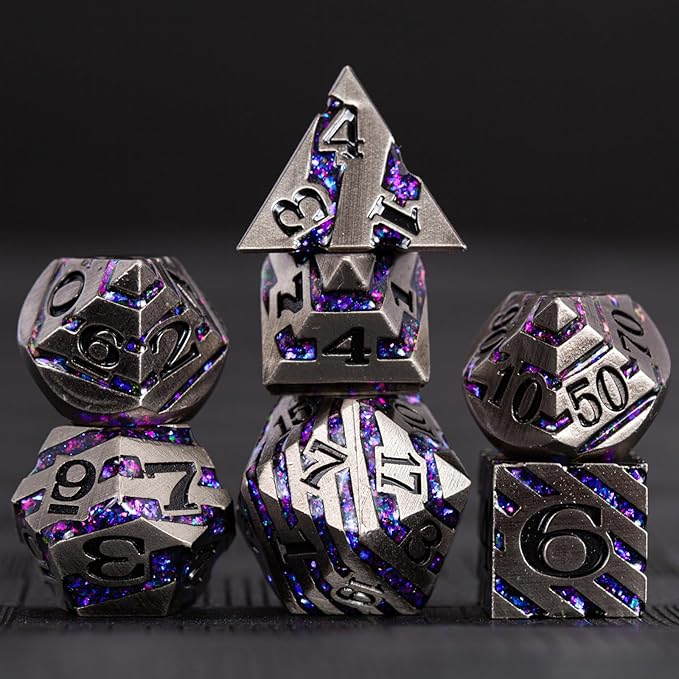 DND Metal Stripe Dice Set,7 PCS Polyhedral RPG Dice Set with Gift Case for Dungeons and Dragons (Antique Nickel Purple)