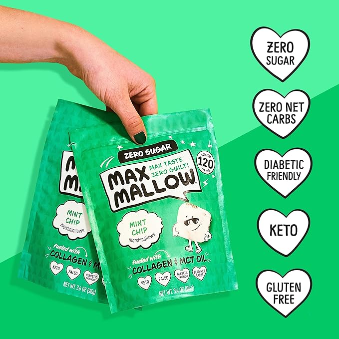 Max Mallow Sugar Free Marshmallows - Keto Friendly, Perfect for S'mores, Hot Chocolate, and Baking with Zero Sugar Snacks, Smores Mct Oil Zero Sugar Marshmellow Marshmallow Mint Chip, 6 Pack