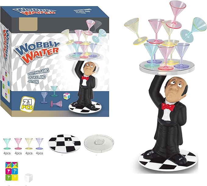 Wobbly Waiter Balance Game,Martini Glasses Stacking Game,2-4 Players Fun Family Party Topple Game,Suitable for Kids and Adults