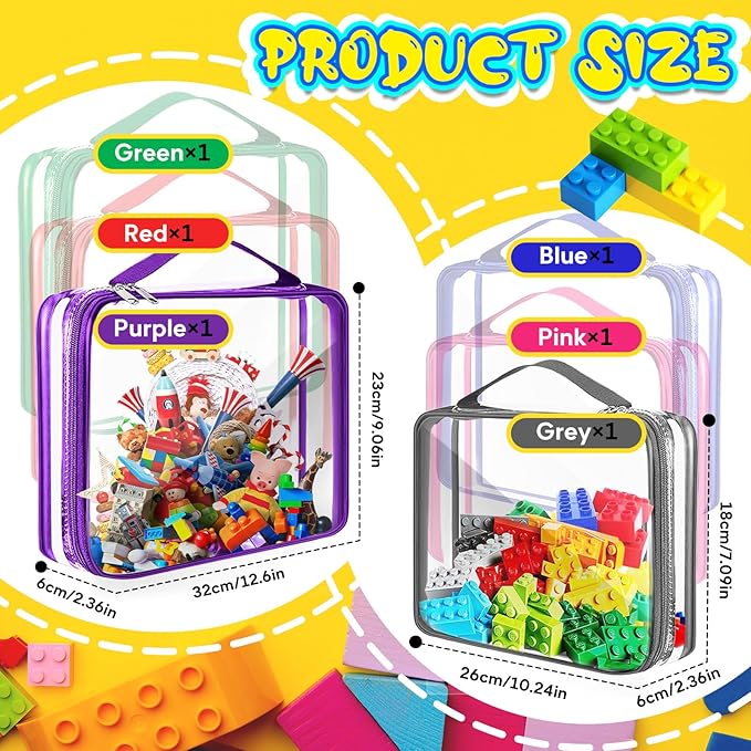 AOBOPLE 6 Packs Toy Storage Bags with Zipper,2 Size Clear Toy Organizer Bags,Waterproof Lego Organizers and Storage,Toy Bags for Board Games,Building Blocks,Puzzles,Kids Books