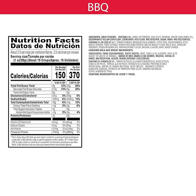 Pringles Potato Crisps Chips, Lunch Snacks, Office and Kids Snacks, Grab N' Go, BBQ (12 Cans)