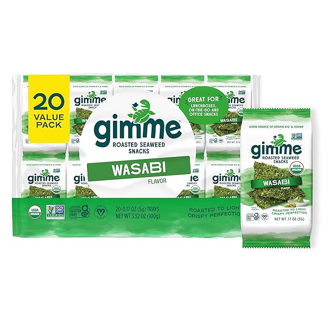 Gimme Seaweed Organic Premium Roasted Seaweed Snacks, Wasabi, 20 Count, Keto, Vegan, Gluten-Free, Great Source of Omega3s and Iodine, Healthy On-The-Go Snack for Kids and Adults