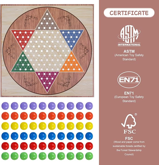 13.5" Chinese Checkers Board Game Set - Foldable Board with 60 Vibrant Acrylic Marbles, Classic Strategy Family Game for Kids & Adults, Travel-Friendly Design for Game Nights (2-6 Players)