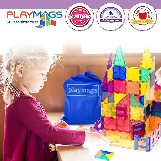 Playmags Magnetic Tile Building Set: Exclusive Educational Clickins 36-Pc. Kit: 18 Super Strong Clear Color Magnet Tiles Windows & 18 Letters & Numbers Stimulate Creativity & Brain Development