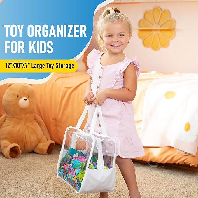 4 Pack Extra Large Toy Storage Clear Bags with Zipper 12"x10"x7" Clear Plastic Bins with Handle, Toy Organizer for Kids playroom, Blocks, Clothes, Stuffed Animal Storage