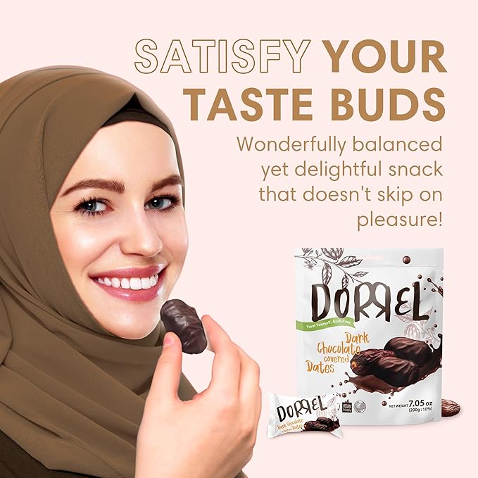 DORREL - Belgian Dark Chocolate Covered Medjool Dates, High Energy Vegan Choco Snack Delicious, Kosher & Non-GMO, Pack of 3 Chocolate Covered Dates, 7.05 oz / 200 g Ea