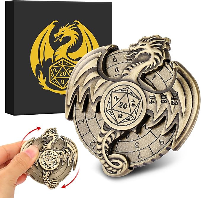Spinner DND Dice Set, 7-in-1 Dragon Metallic D&D Dice, Dragon Roulette Dice Spinner for DND Dice Set, D&D Gifts with Gift Box, Role Playing Game Board Game Accessories, Bronze