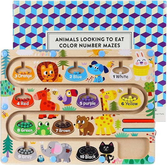 Magnetic Color and Number Maze, Wooden Animal Magnet Puzzles Board Games for Toddler Kids, Montessori Color Learning Sorting Counting Matching Toys for 3 Years Old Boys Girls Gift